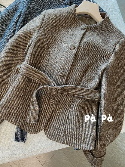 Korean style chic, fitted waist, stand-up collar, twill short jacket, versatile wool coat for commuting, with structured shoulders.