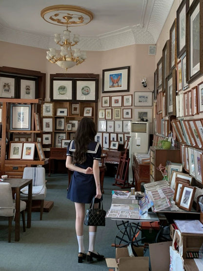 neurcz Navy Collar French Dark Blue Dress for Women, Summer, Puff Sleeves, Preppy Style, Slim Waist, Retro Short Skirt