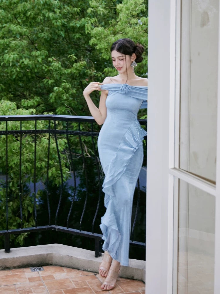 dollytang Duojia low saturated blue ~ one-line shoulder bag hip dress ruffles show figure light dress