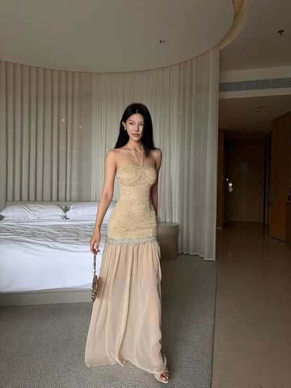 Hydrae 禧1嘤 Lace halter neck strapless dress, summer style, slim fit, jacquard patchwork chiffon long dress