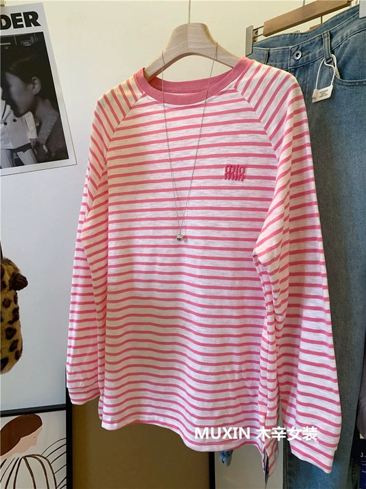 Pink striped bamboo cotton embroidered letters spring and autumn new Korean version of the shoulder sleeve loose women's T-shirt