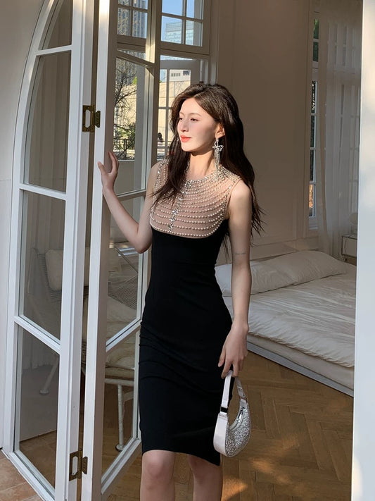 dollytang French temperament pearl royal sister light mature hip-hugging dress design heavy beading dress
