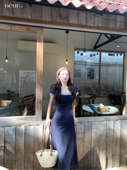 neurcz Lace Square Neck Short Sleeve Polka Dot Long Dress for Women, Spring Style, Puff Sleeves, Slim Waist, Flattering Dress