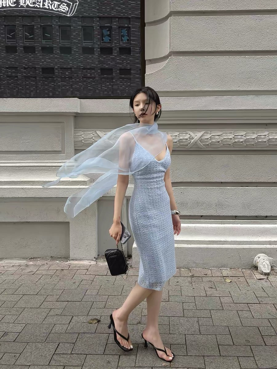 Hydrae 禧1嘤 Blue sequined lace slip dress for women, V-neck, slimming, mid-length, bodycon skirt