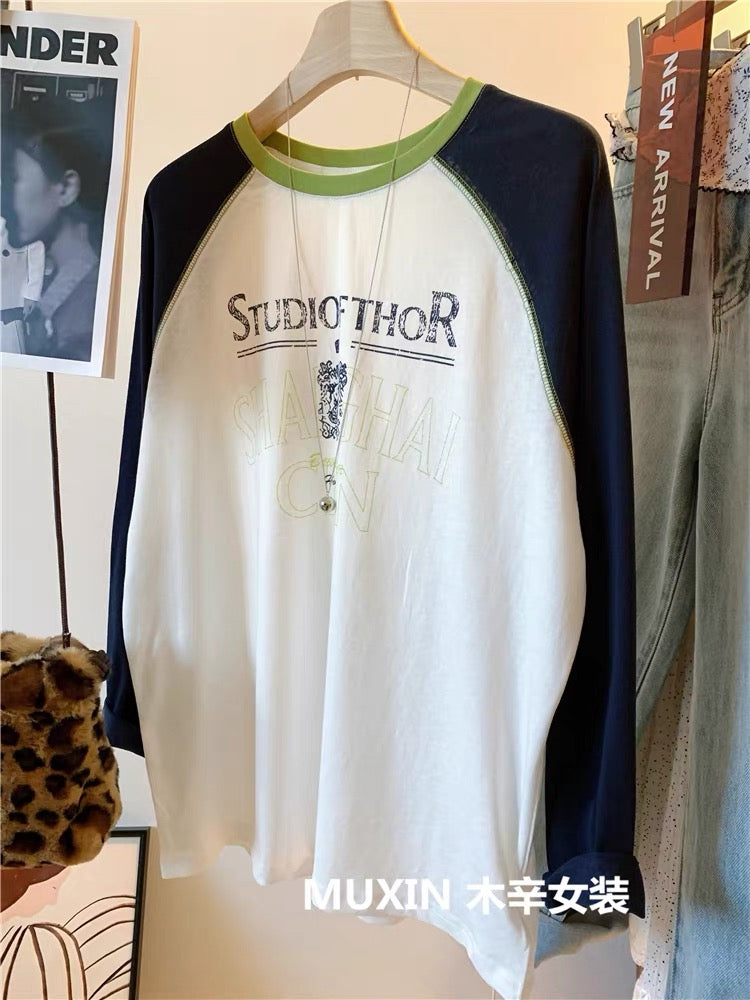 Retro letter raglan sleeve summer thin loose casual long sleeve women's thin sun protection top Korean version T-shirt