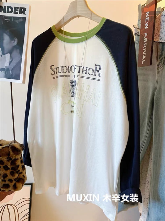 Retro letter raglan sleeve summer thin loose casual long sleeve women's thin sun protection top Korean version T-shirt