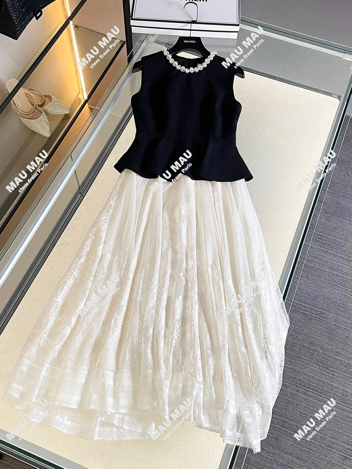 Shenzhen Nanyou high-end women's French Hepburn style beaded mesh lace long vest dress DY7421