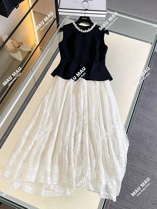 Shenzhen Nanyou high-end women's French Hepburn style beaded mesh lace long vest dress DY7421