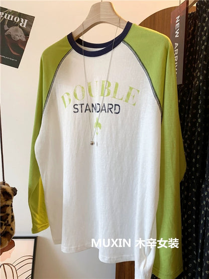 Retro letter raglan sleeve summer thin loose casual long sleeve women's thin sun protection top Korean version T-shirt