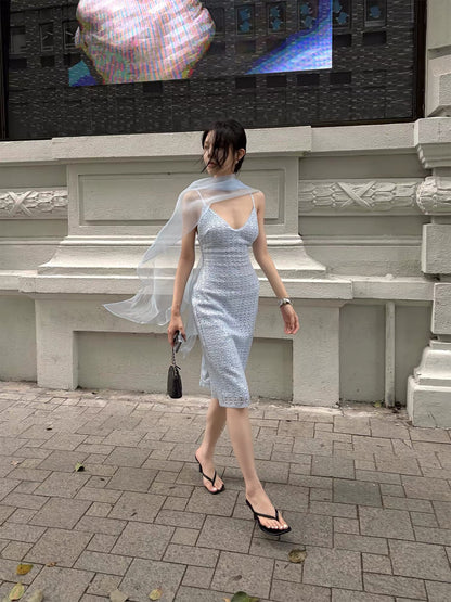Hydrae 禧1嘤 Blue sequined lace slip dress for women, V-neck, slimming, mid-length, bodycon skirt