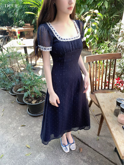 neurcz Lace Square Neck Short Sleeve Polka Dot Long Dress for Women, Spring Style, Puff Sleeves, Slim Waist, Flattering Dress