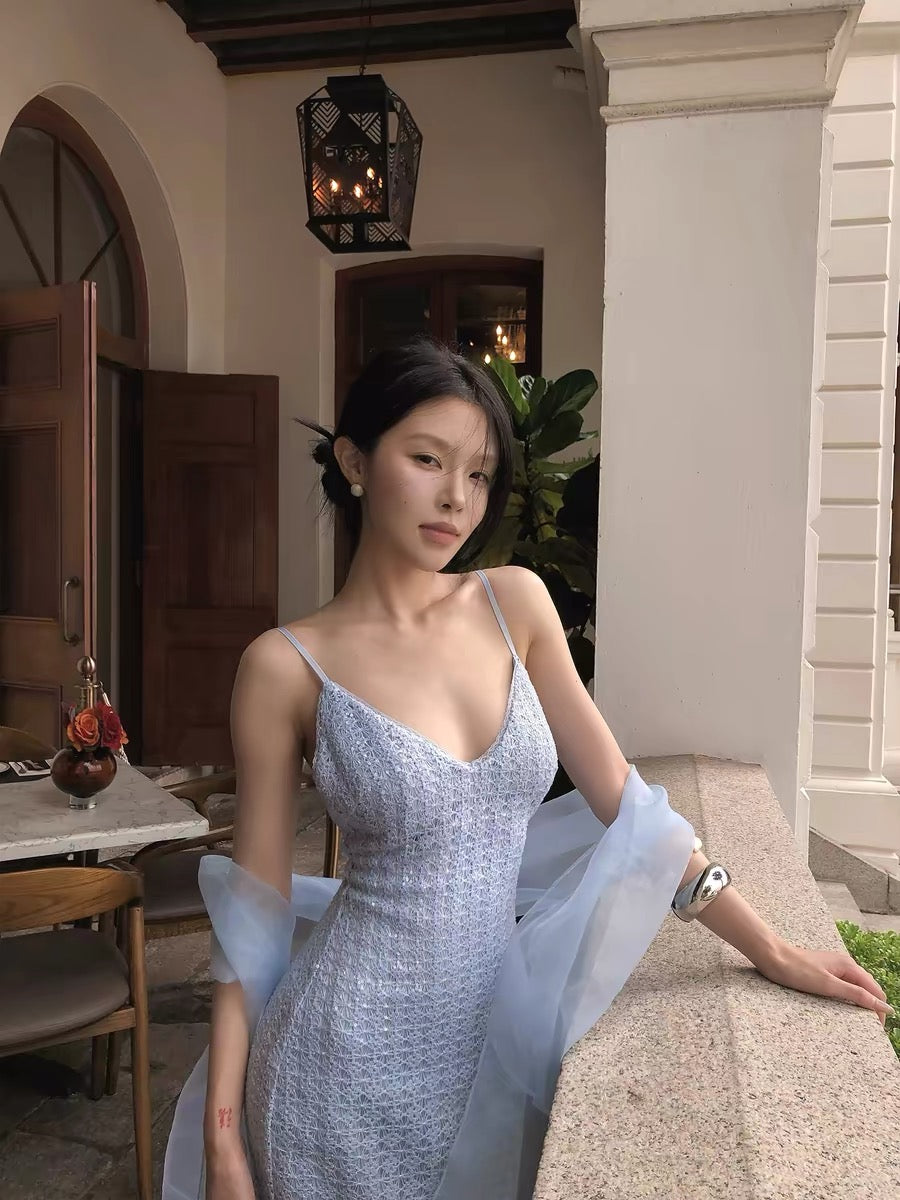 Hydrae 禧1嘤 Blue sequined lace slip dress for women, V-neck, slimming, mid-length, bodycon skirt