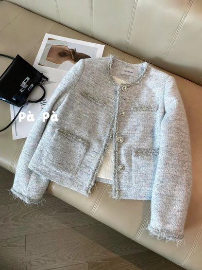 Women's winter short wool tweed coat with sequined trim and a down lining.