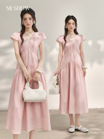 Mixiu 100 Tencel Lace French Gentle Style Dress for Women, Summer 2026, Slimming V-neck Pink Midi Dress