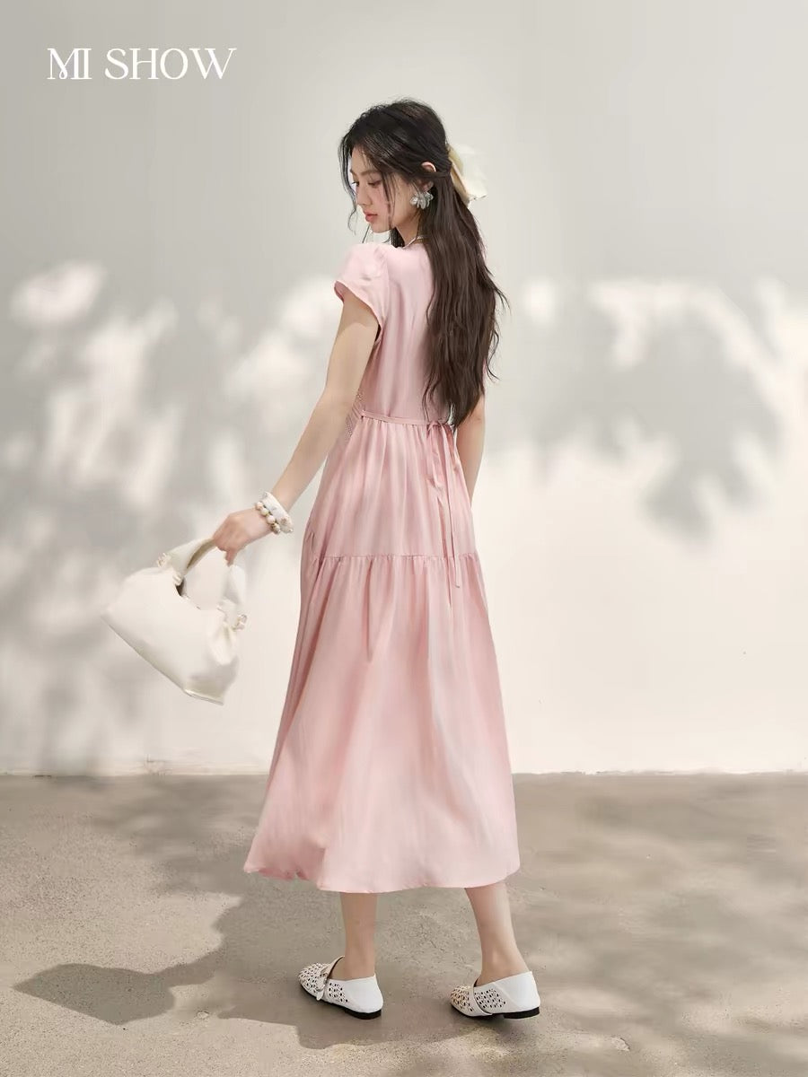 Mixiu 100 Tencel Lace French Gentle Style Dress for Women, Summer 2026, Slimming V-neck Pink Midi Dress
