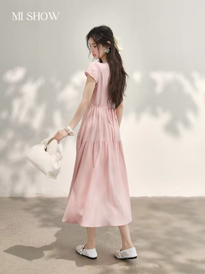 Mixiu 100 Tencel Lace French Gentle Style Dress for Women, Summer 2026, Slimming V-neck Pink Midi Dress