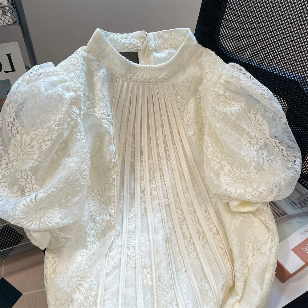 French style age-reducing, western-style lace puff-sleeve shirts for men and women, niche, unique and beautiful stand-up collar tops