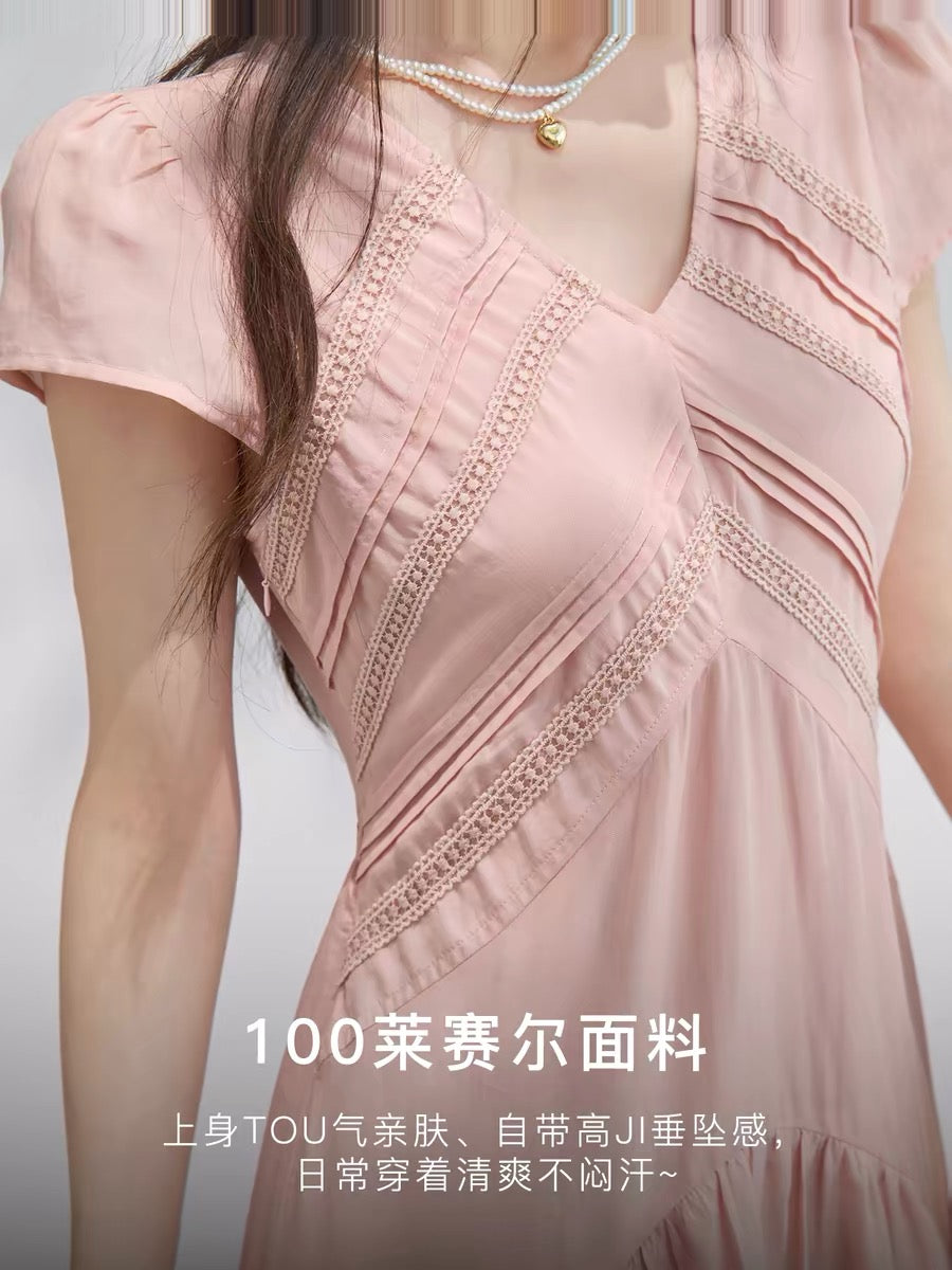 Mixiu 100 Tencel Lace French Gentle Style Dress for Women, Summer 2026, Slimming V-neck Pink Midi Dress