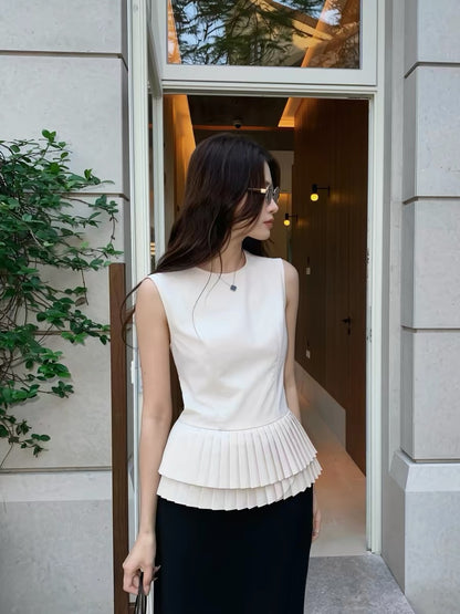 WENRAN French-style round neck sleeveless vest with irregular pleated hem, stylish summer top for wome