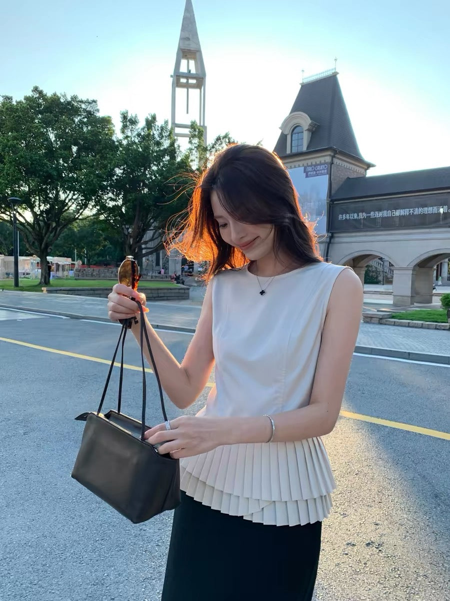 WENRAN French-style round neck sleeveless vest with irregular pleated hem, stylish summer top for wome