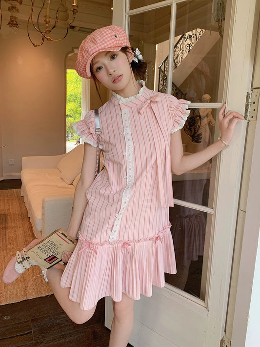 Ruan Ruan's homemade 2024 summer new niche design super nice and sweet age-reducing striped shirt with flying sleeves dress