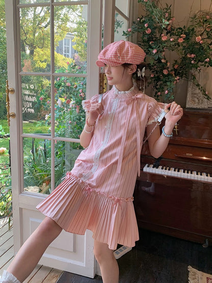 Ruan Ruan's homemade 2024 summer new niche design super nice and sweet age-reducing striped shirt with flying sleeves dress