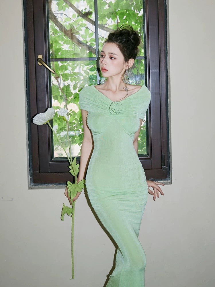DOLLYTANG whitening bud green one-line shoulder bag hip dress soft and skin-friendly figure-showing mini dress