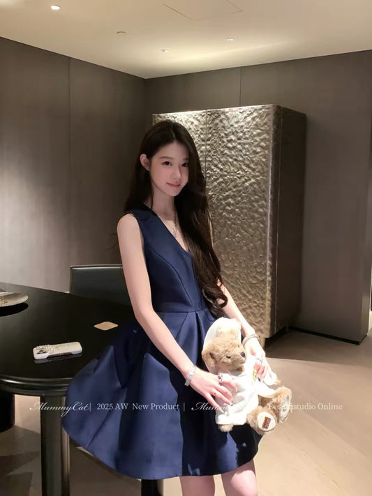 MummyCat's Egg-Laying Cat [Brilliant Life] New Midnight Blue Elegant Deep V-Neck Dress