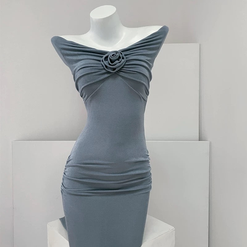 DOLLYTANG whitening bud green one-line shoulder bag hip dress soft and skin-friendly figure-showing mini dress