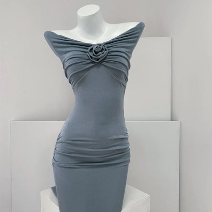 DOLLYTANG whitening bud green one-line shoulder bag hip dress soft and skin-friendly figure-showing mini dress