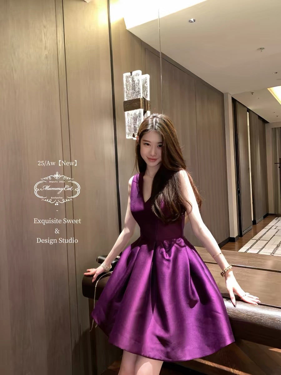 MummyCat's Egg-Laying Cat [Brilliant Life] New Midnight Blue Elegant Deep V-Neck Dress