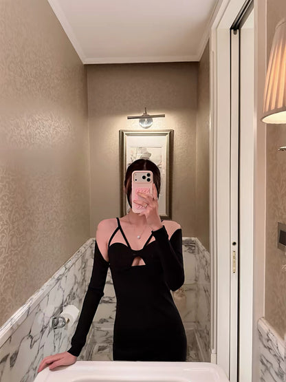 Boamarket Women's Black Knit Dress with Detachable Sleeves – New Autumn Style, Slim-Fit, Sexy A-Line Cut