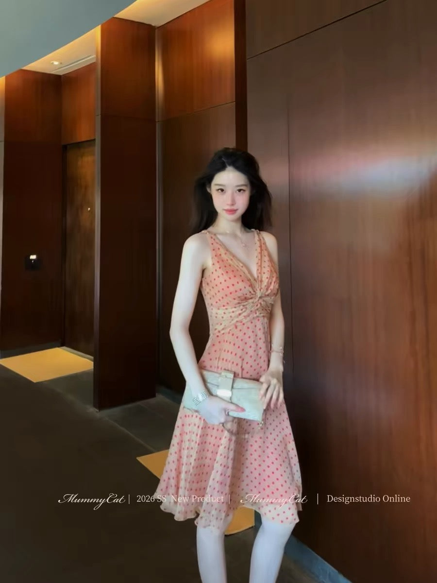 Mummy Cat Laying Eggs Cat [Warm and Soft Jade] Mulberry Silk Rayon Biscuit Polka Dot Retro Knot Dress