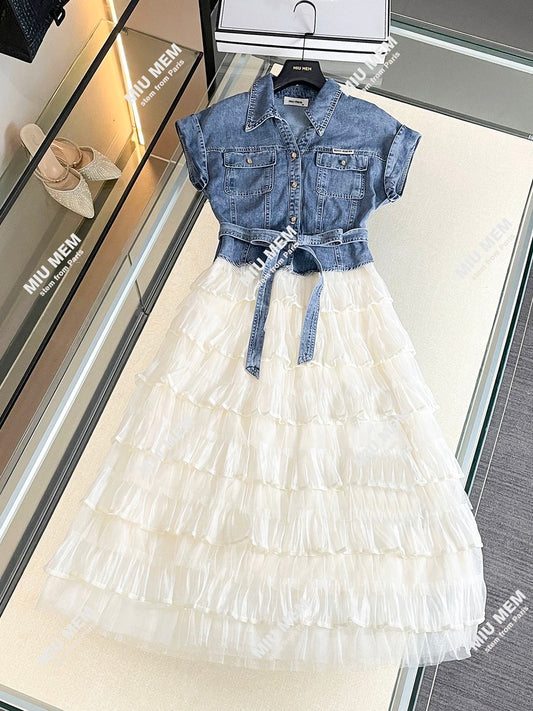 High-end women's clothing 2025 summer French style style lapel lace stitching long denim dress DY6760