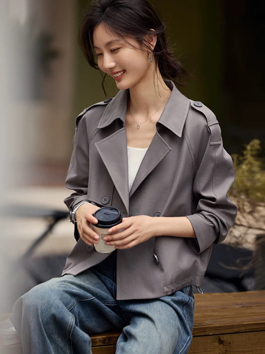 XWI Xinwei short double-breasted windbreaker jacket for women 2024 autumn new simple gray top