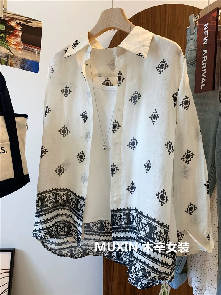 Retro ethnic style printed loose casual thin summer sun protection long-sleeved shirt women's shirt top versatile