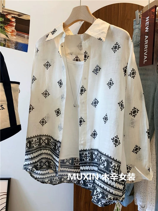 Retro ethnic style printed loose casual thin summer sun protection long-sleeved shirt women's shirt top versatile