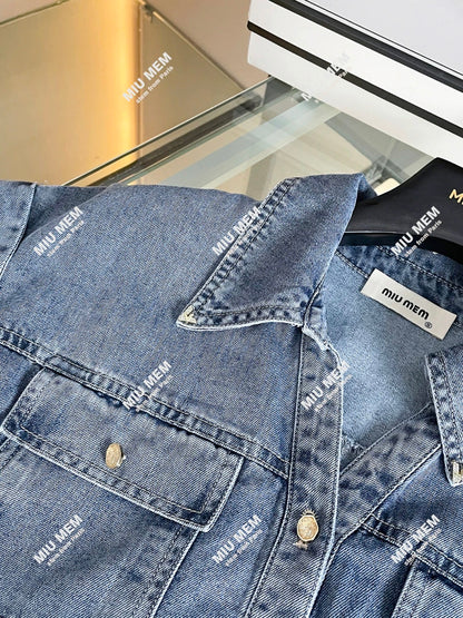 High-end women's clothing 2025 summer French style style lapel lace stitching long denim dress DY6760