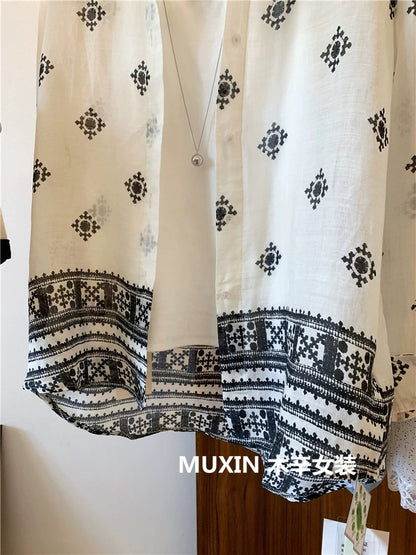 Retro ethnic style printed loose casual thin summer sun protection long-sleeved shirt women's shirt top versatile
