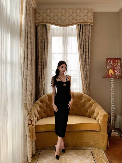 Boamarket Women's Black Knit Dress with Detachable Sleeves – New Autumn Style, Slim-Fit, Sexy A-Line Cut