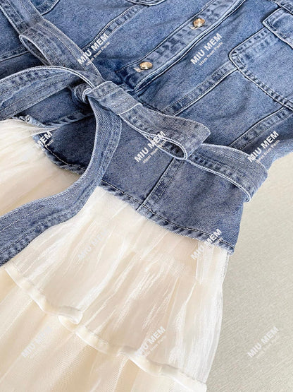 High-end women's clothing 2025 summer French style style lapel lace stitching long denim dress DY6760