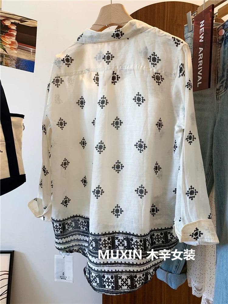 Retro ethnic style printed loose casual thin summer sun protection long-sleeved shirt women's shirt top versatile