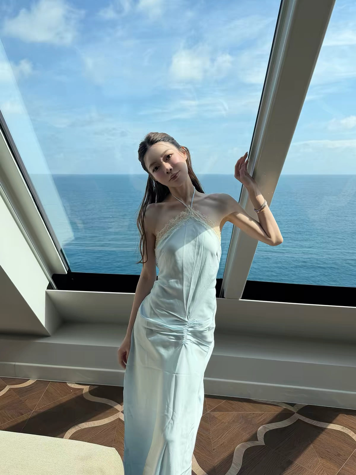 SMOL "Mint Shimmer" French Lace and Satin Panel Dress