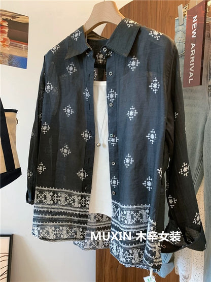 Retro ethnic style printed loose casual thin summer sun protection long-sleeved shirt women's shirt top versatile