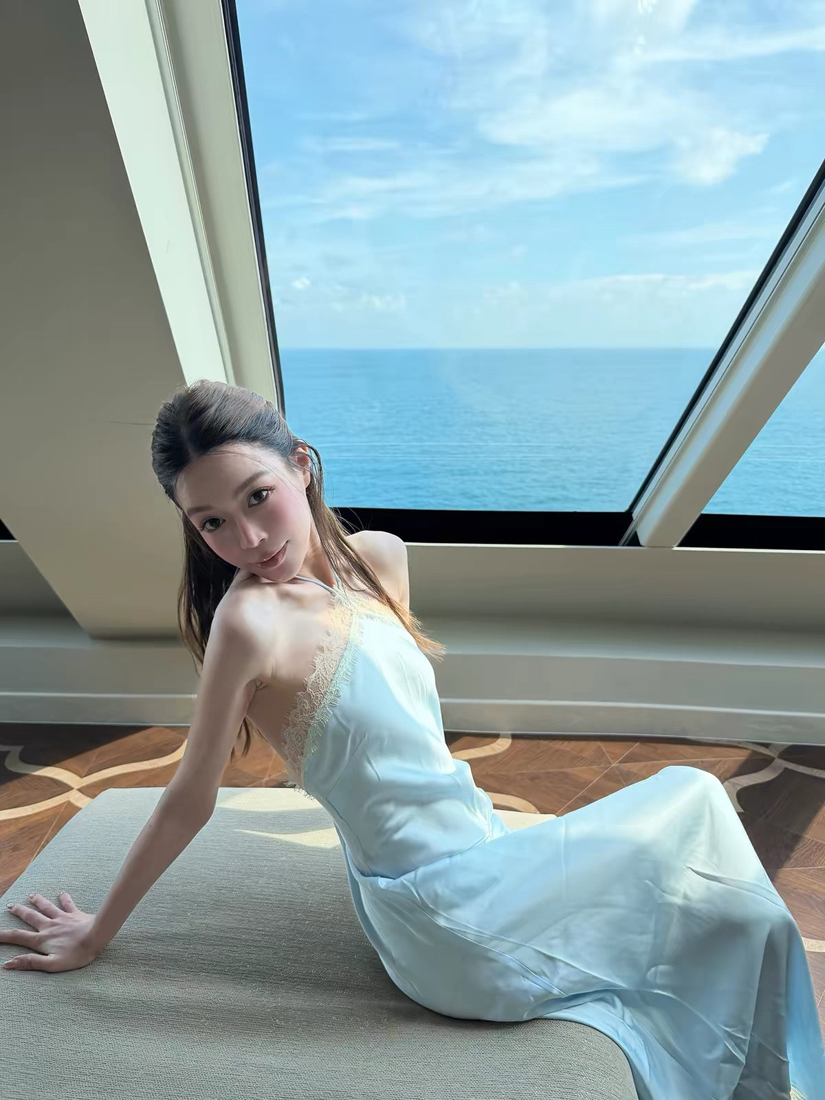 SMOL "Mint Shimmer" French Lace and Satin Panel Dress