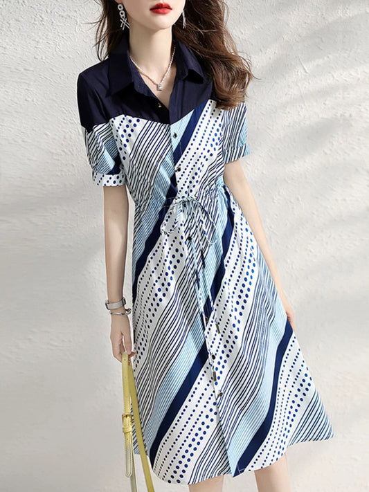White-collar brother's new women's clothing 2024 summer new temperament slim A-line skirt with waist and printed dress for women
