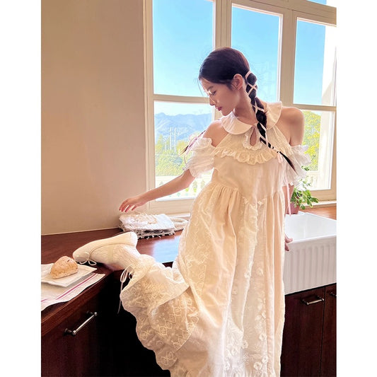 Ruan Ruan's homemade 2024 summer new temperament French tea break niche design gentle style embroidered off-shoulder dress