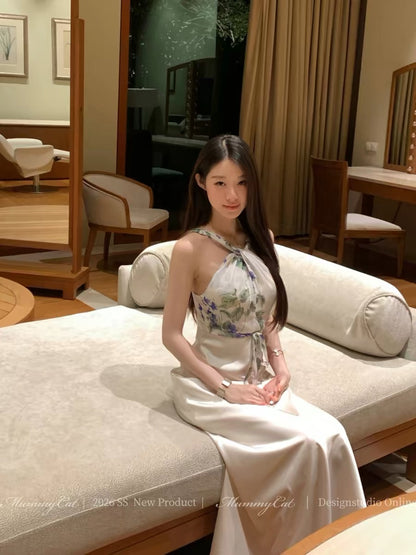 Mummy Cat Laying Eggs - New Arrival 26: 100% Human Silk Printed Satin Dress with Herbal Scent
