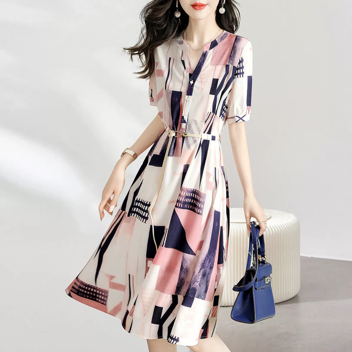 Pin Gedi's new 2024 summer French imitation silk OL style shirt dress for women's commuting high-end mid-length skirt