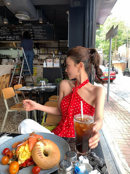DULA Good Home Summer Hot/Hot Girl Red Polka Dot Halter Neck Chiffon Shirt Women Summer Beautiful Back Slim Fit Top